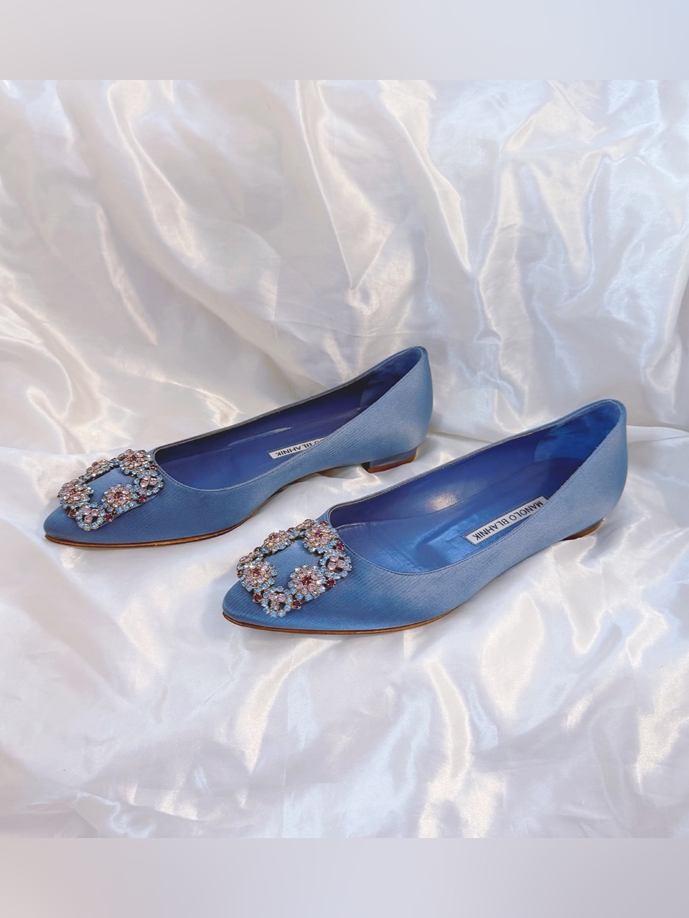 Manolo Blahnik Jeweled Buckle Hangisi Pointed Toe Flats